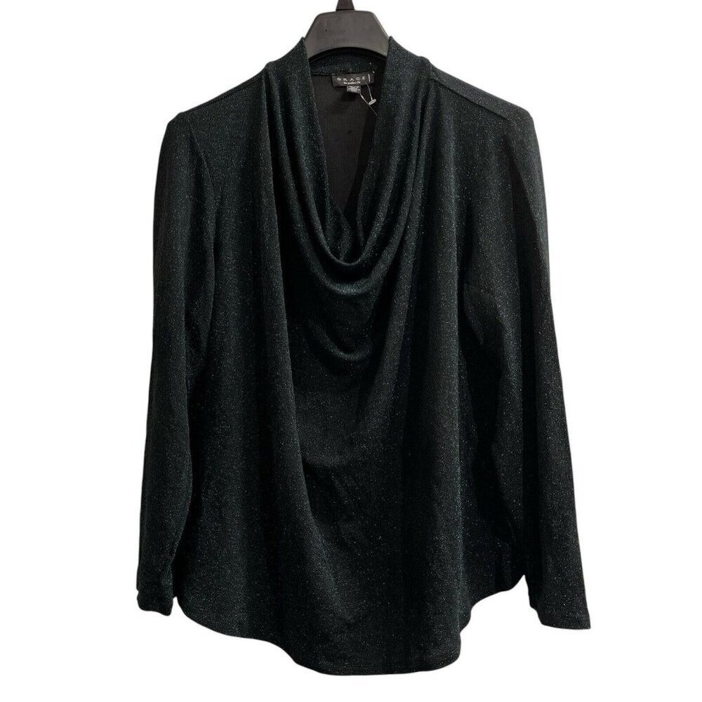 Grace Tunic Green Metallic Jersey Knit Drape Neck 2X Holiday Party Christmas
